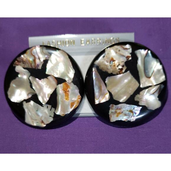Large Smooth Black Acrylic Resin w/ Iridescent Abalone Inlay Earrings - Picture 1 of 9